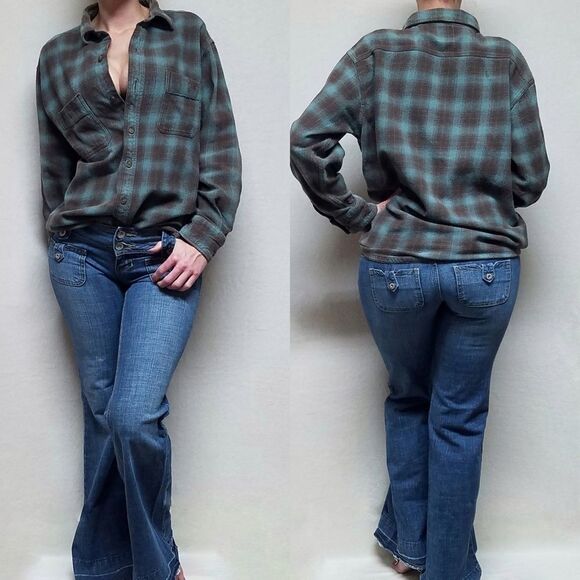 𝅺RETRO Y2K Dickies Teal Gray Plaid Flannel Button Up Cotton Shacket Work Shirt - Picture 1 of 15